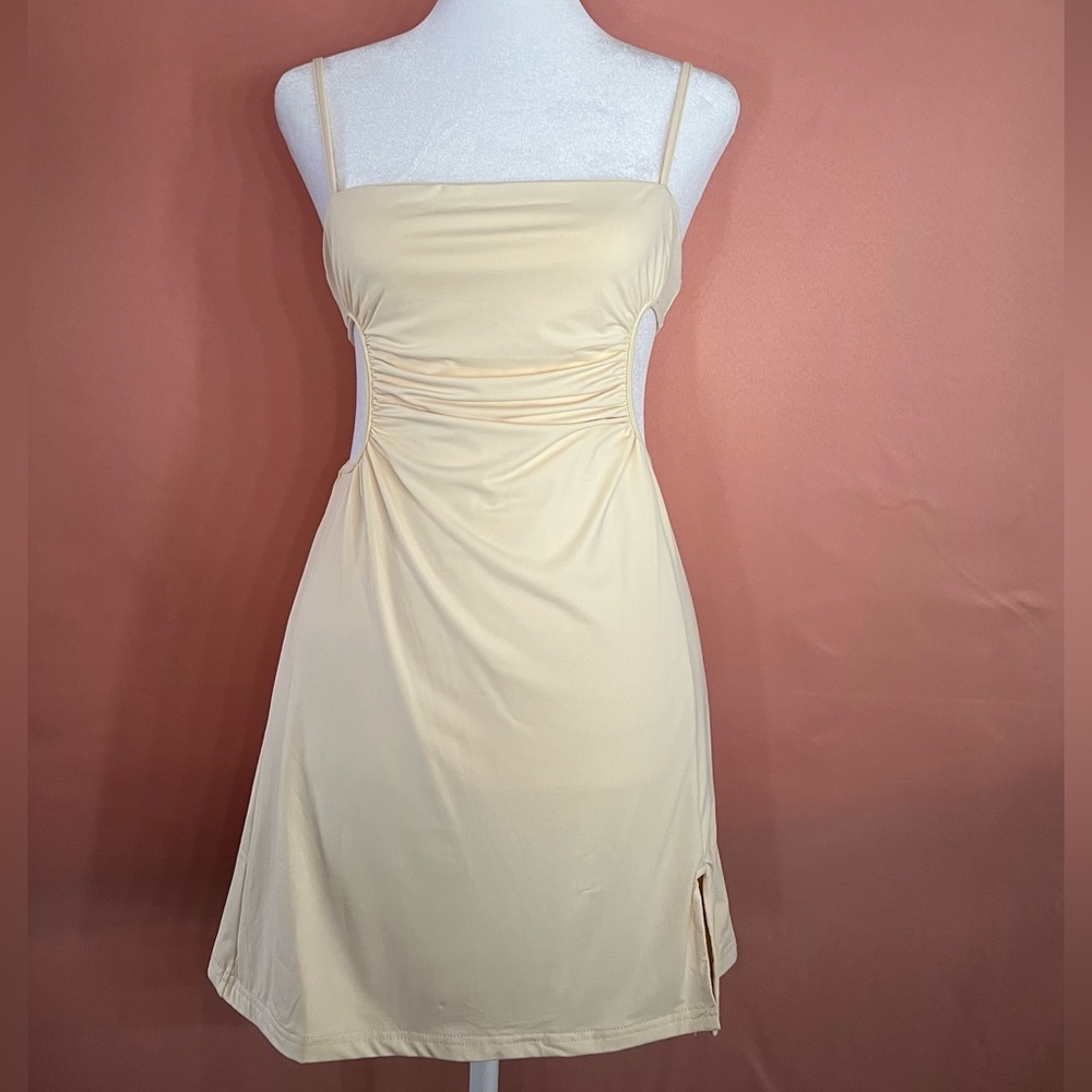Cream Cutout Bodycon Mini Dress with Side Slit - Picture 1 of 4
